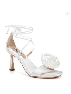 Badgley Mischka JANELLE White Satin Floral Detail Wedding Shoes 10M